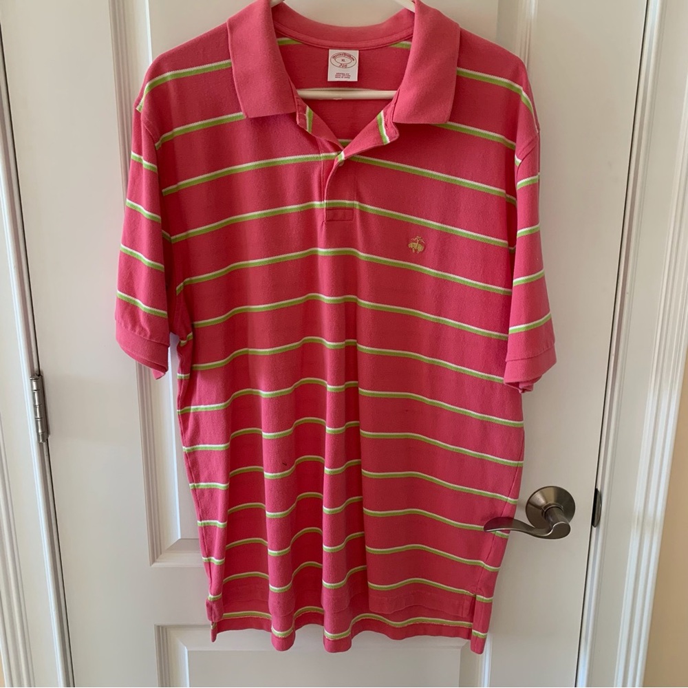 Brooks Brothers Pink Polo with Green and White Stripes